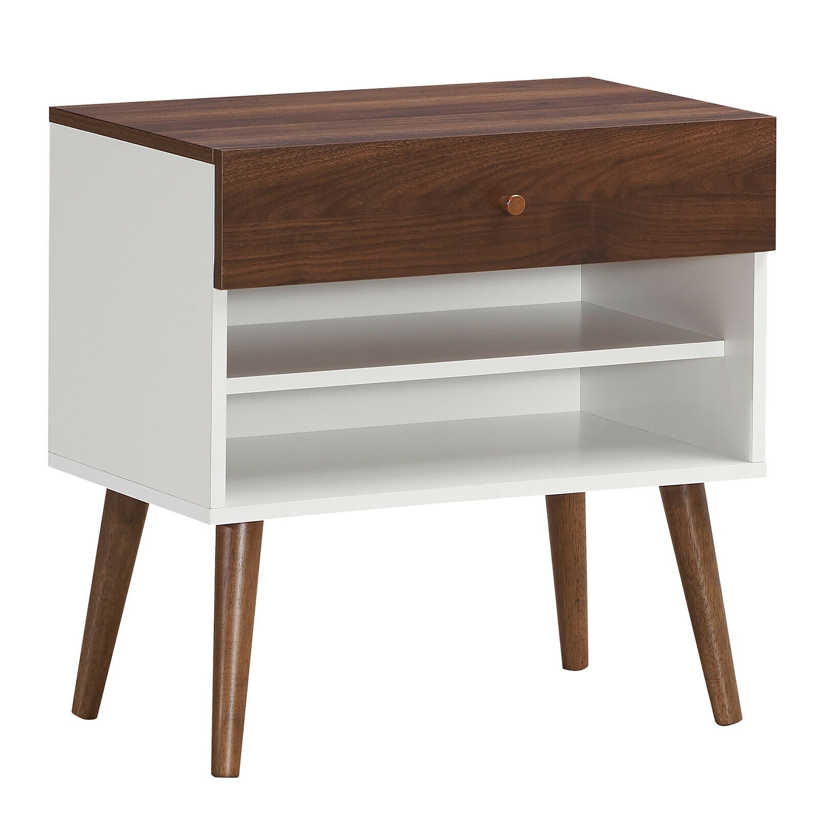 Mid-Century Nightstand With Drawer, Rubber Wood Legs, Brown Nightstands at Gallery Canada