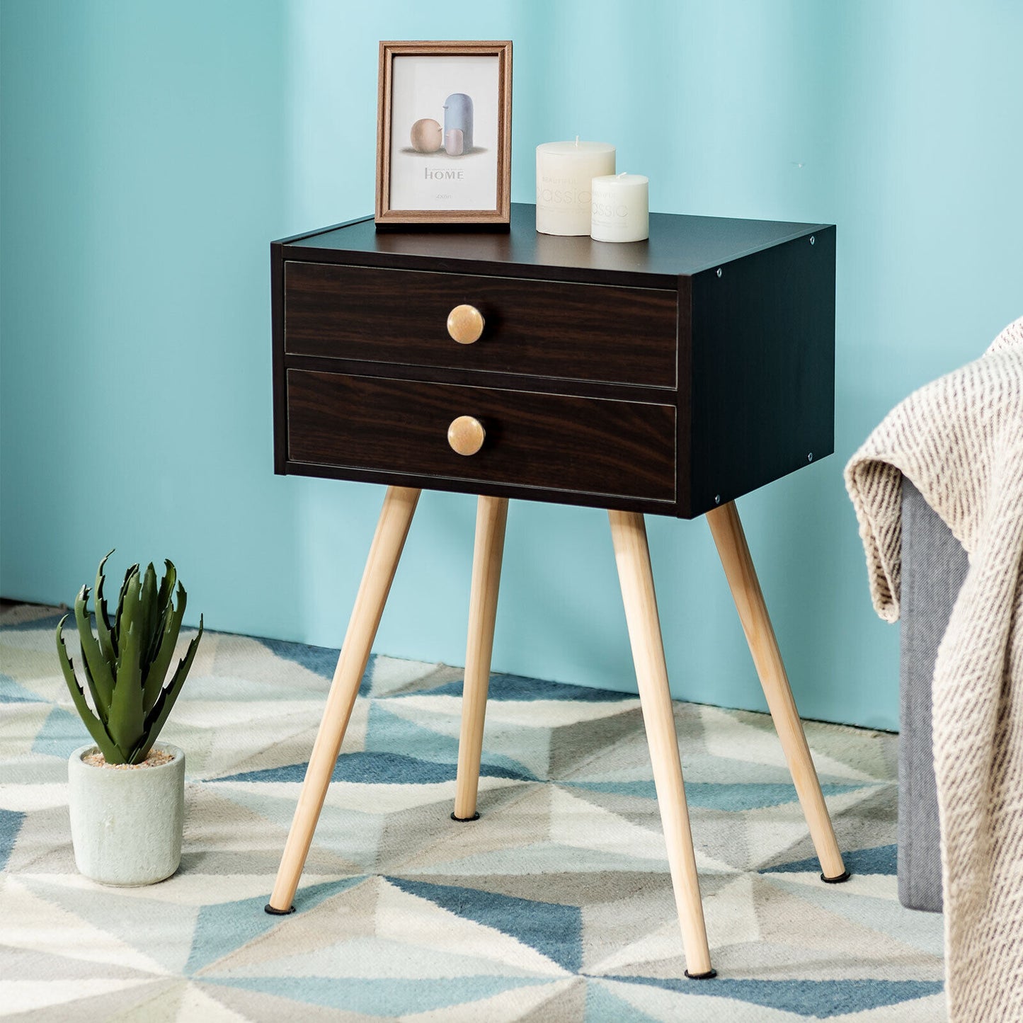 Mid Century Modern 2 Drawers Nightstand in Natural, Brown Nightstands at Gallery Canada
