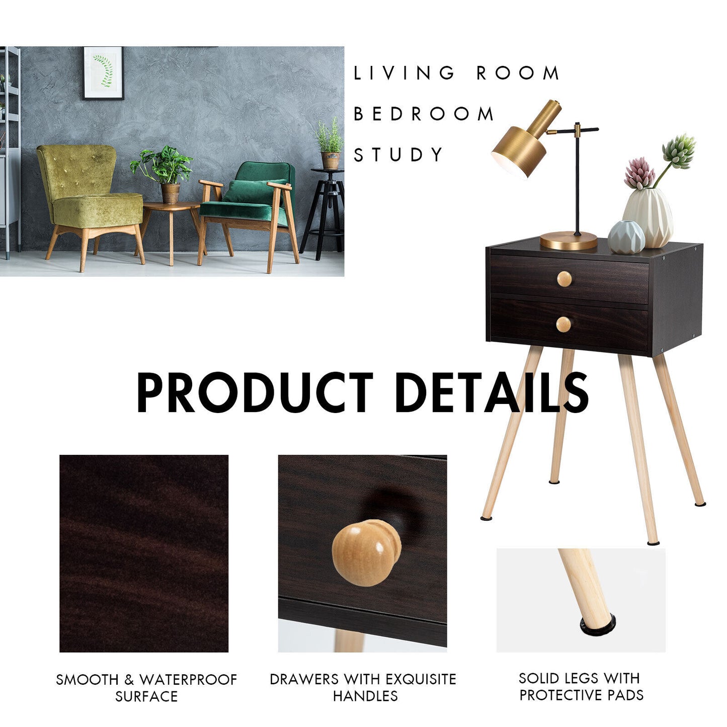 Mid Century Modern 2 Drawers Nightstand in Natural, Brown Nightstands at Gallery Canada