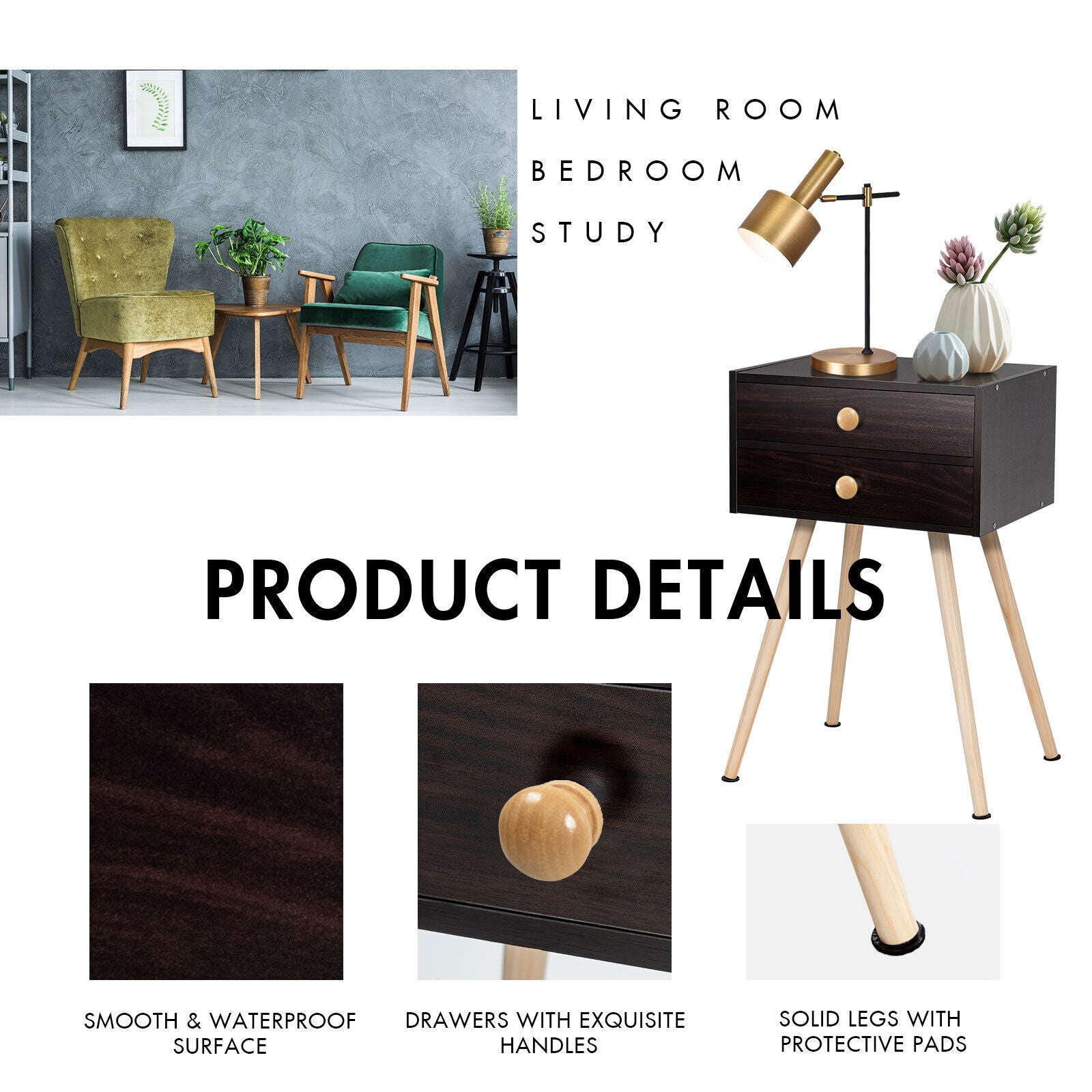 Mid Century Modern 2 Drawers Nightstand in Natural, Brown Nightstands at Gallery Canada