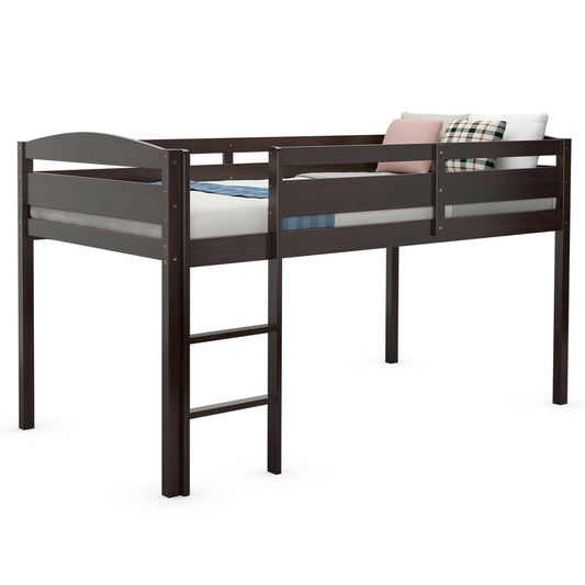 Wooden Twin Low Loft Bunk Bed with Guard Rail and Ladder, Dark Brown - Gallery Canada