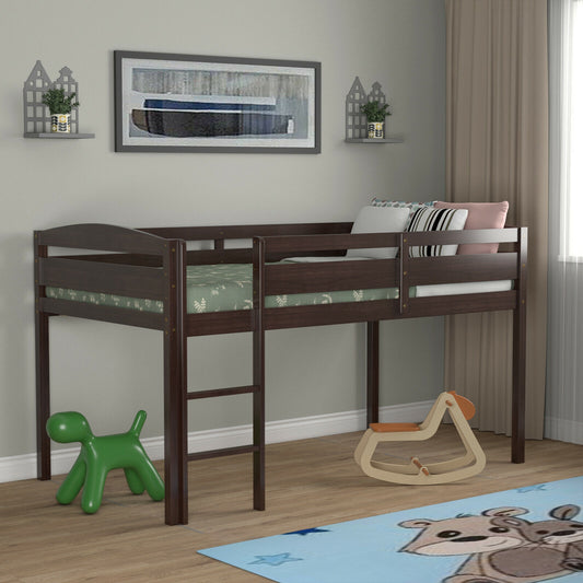 Wooden Twin Low Loft Bunk Bed with Guard Rail and Ladder, Dark Brown Bunk Bed Frame Dark Brown at Gallery Canada
