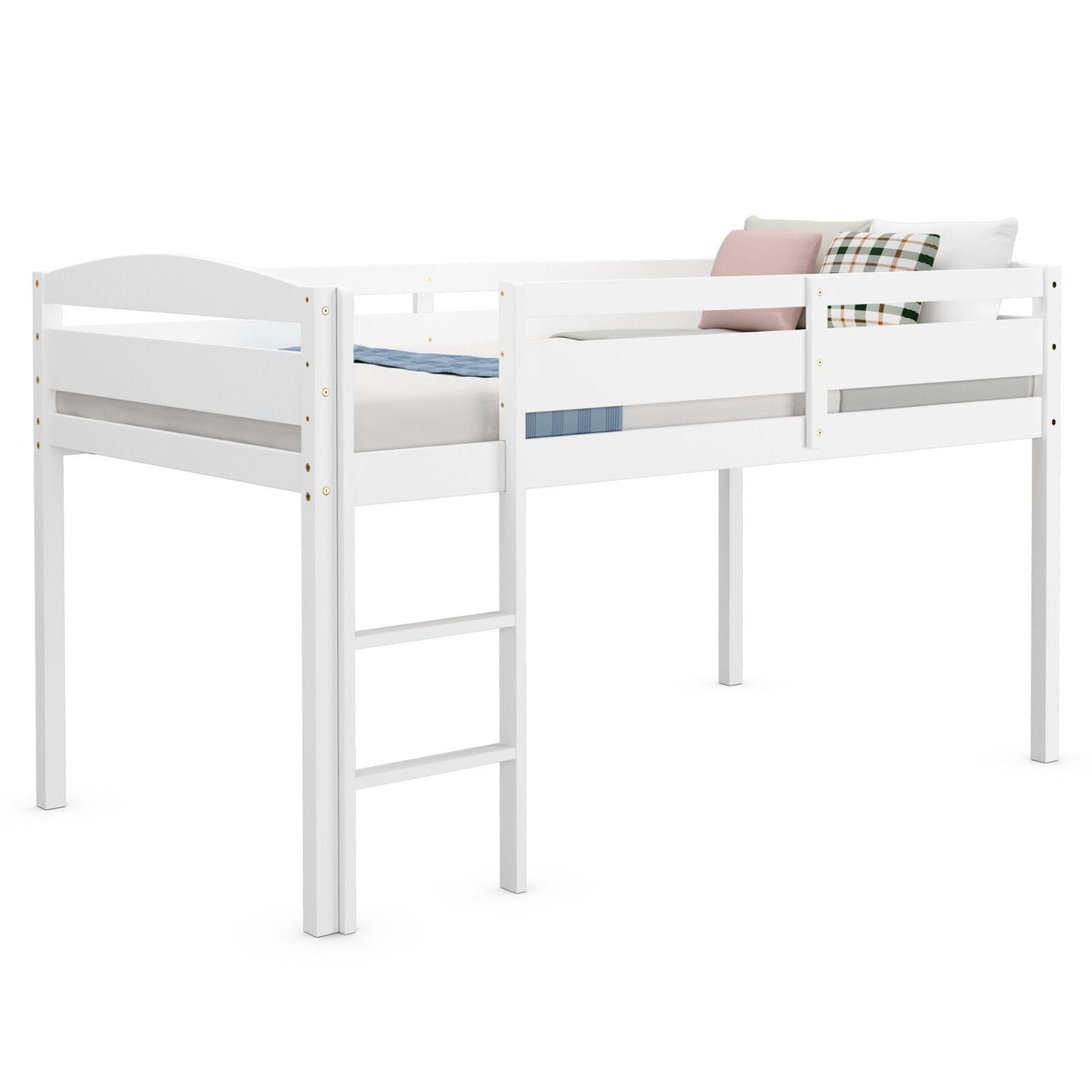Wooden Twin Low Loft Bunk Bed with Guard Rail and Ladder, White Bunk Bed Frame at Gallery Canada