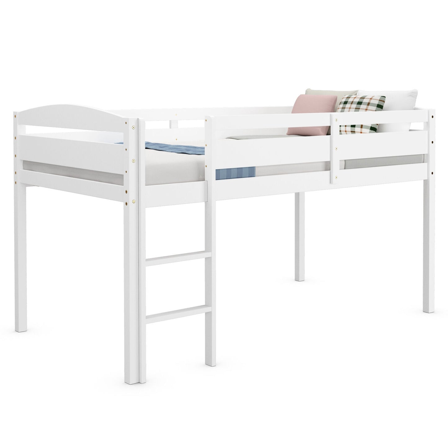 Twin Low Loft Bunk Bed With Guard Rail, Ladder, White