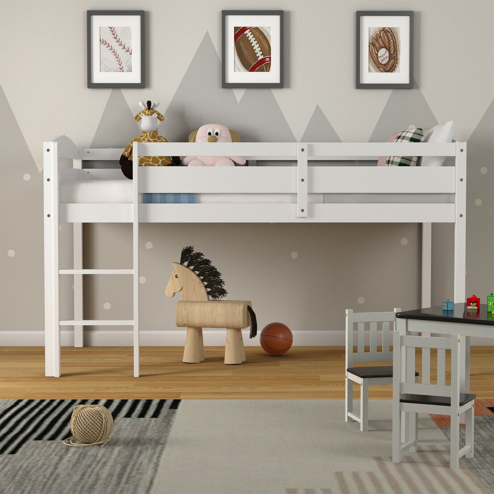 Wooden Twin Low Loft Bunk Bed with Guard Rail and Ladder, White Bunk Bed Frame at Gallery Canada