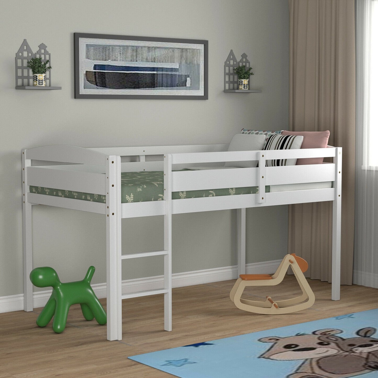 Wooden Twin Low Loft Bunk Bed with Guard Rail and Ladder, White - Gallery Canada