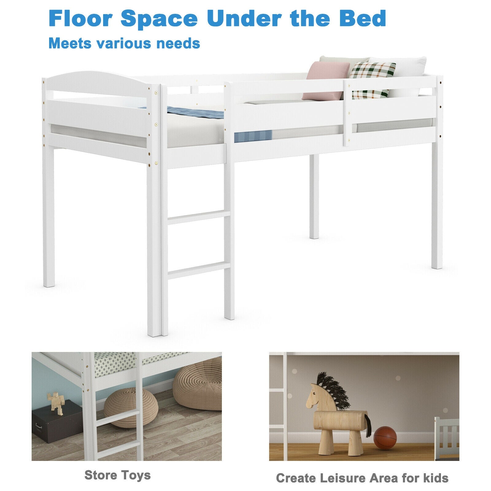 Wooden Twin Low Loft Bunk Bed with Guard Rail and Ladder, White Bunk Bed Frame at Gallery Canada