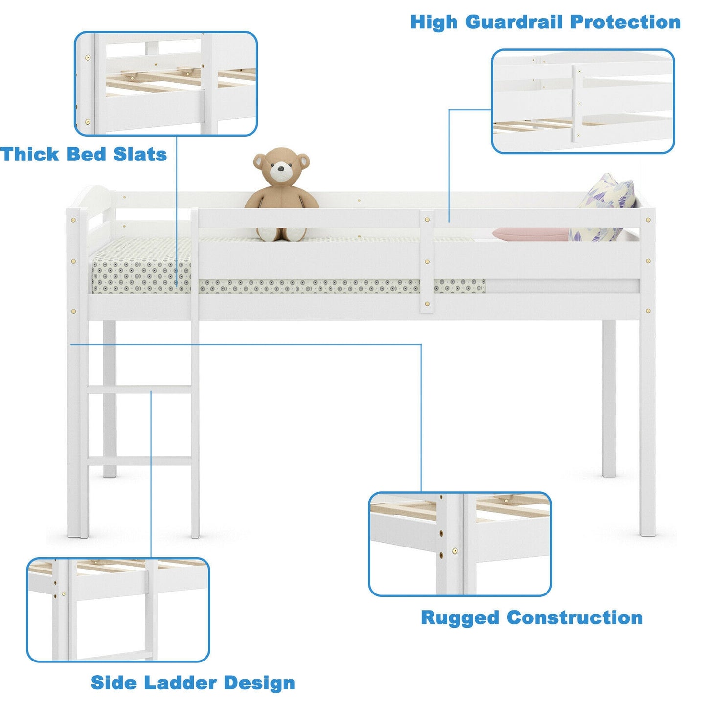 Wooden Twin Low Loft Bunk Bed with Guard Rail and Ladder, White Bunk Bed Frame at Gallery Canada