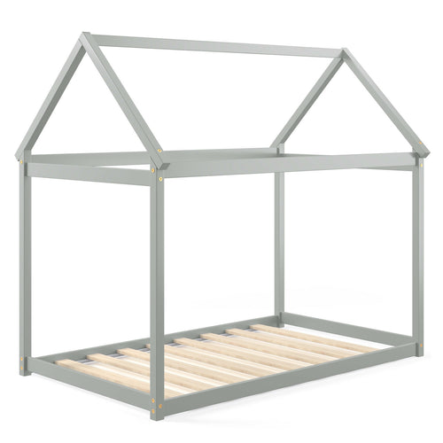 Kids Platform Floor Bed With Roof, Heavy-Duty Slats, Gray