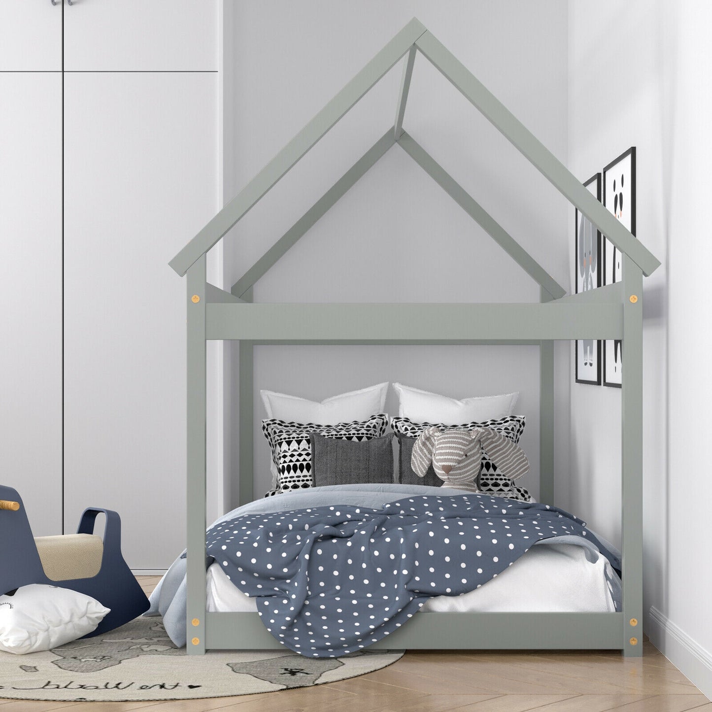 Stable Kids Platform Floor Bed with Roof and Heavy-Duty Slats, Gray Simple Bed Frame at Gallery Canada
