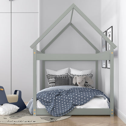 Stable Kids Platform Floor Bed with Roof and Heavy-Duty Slats, Gray Simple Bed Frame at Gallery Canada