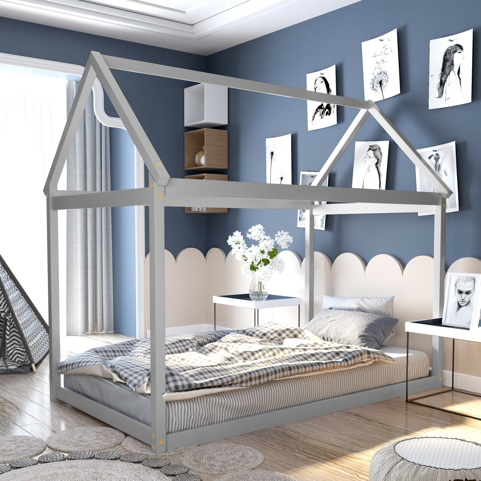 Stable Kids Platform Floor Bed with Roof and Heavy-Duty Slats, Gray Simple Bed Frame at Gallery Canada