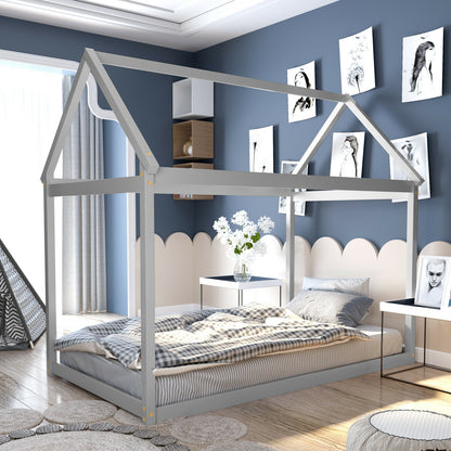 Stable Kids Platform Floor Bed with Roof and Heavy-Duty Slats, Gray Simple Bed Frame at Gallery Canada