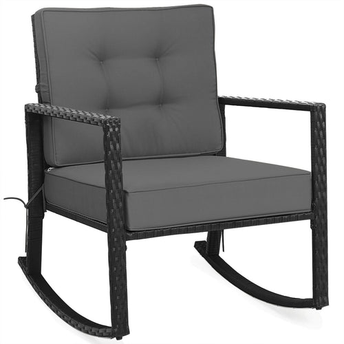 Patio Rattan Rocking Chair, Outdoor Glider With Cushion, Gray