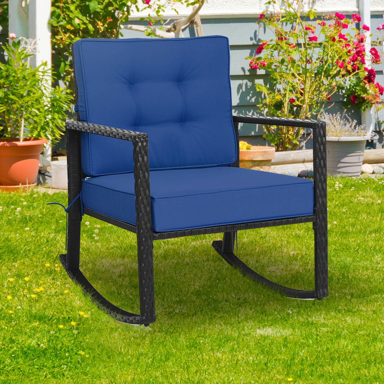 Patio Rattan Rocker Outdoor Glider Rocking Chair Cushion Lawn, Navy Patio Rocking Chairs & Gliders at Gallery Canada