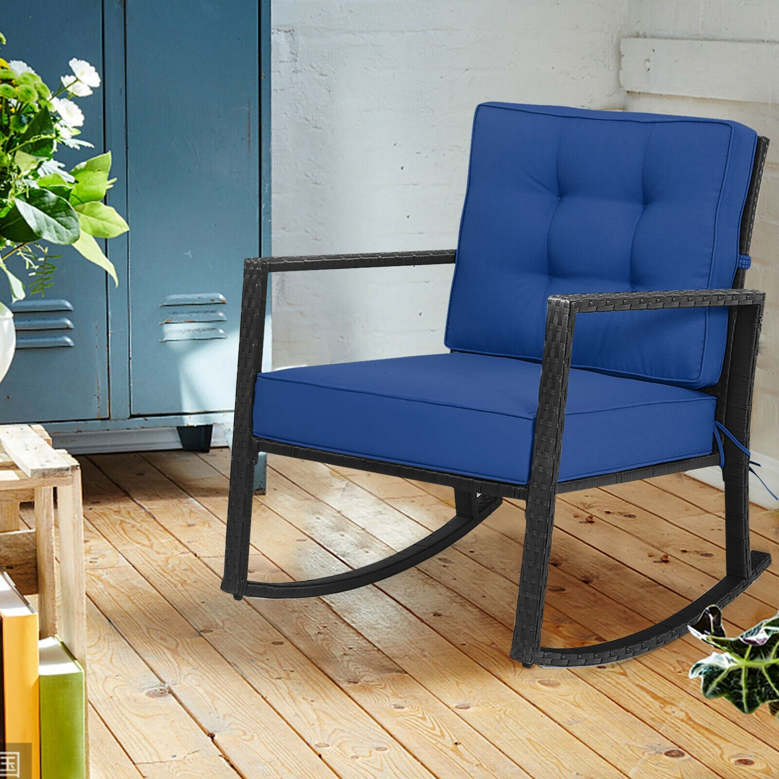 Patio Rattan Rocker Outdoor Glider Rocking Chair Cushion Lawn, Navy Patio Rocking Chairs & Gliders at Gallery Canada