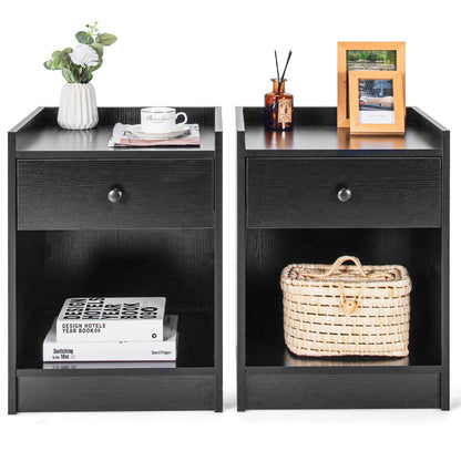 Set of 2 Nightstand with Drawer Cabinet End Side Table Raised Top, Black - Gallery Canada