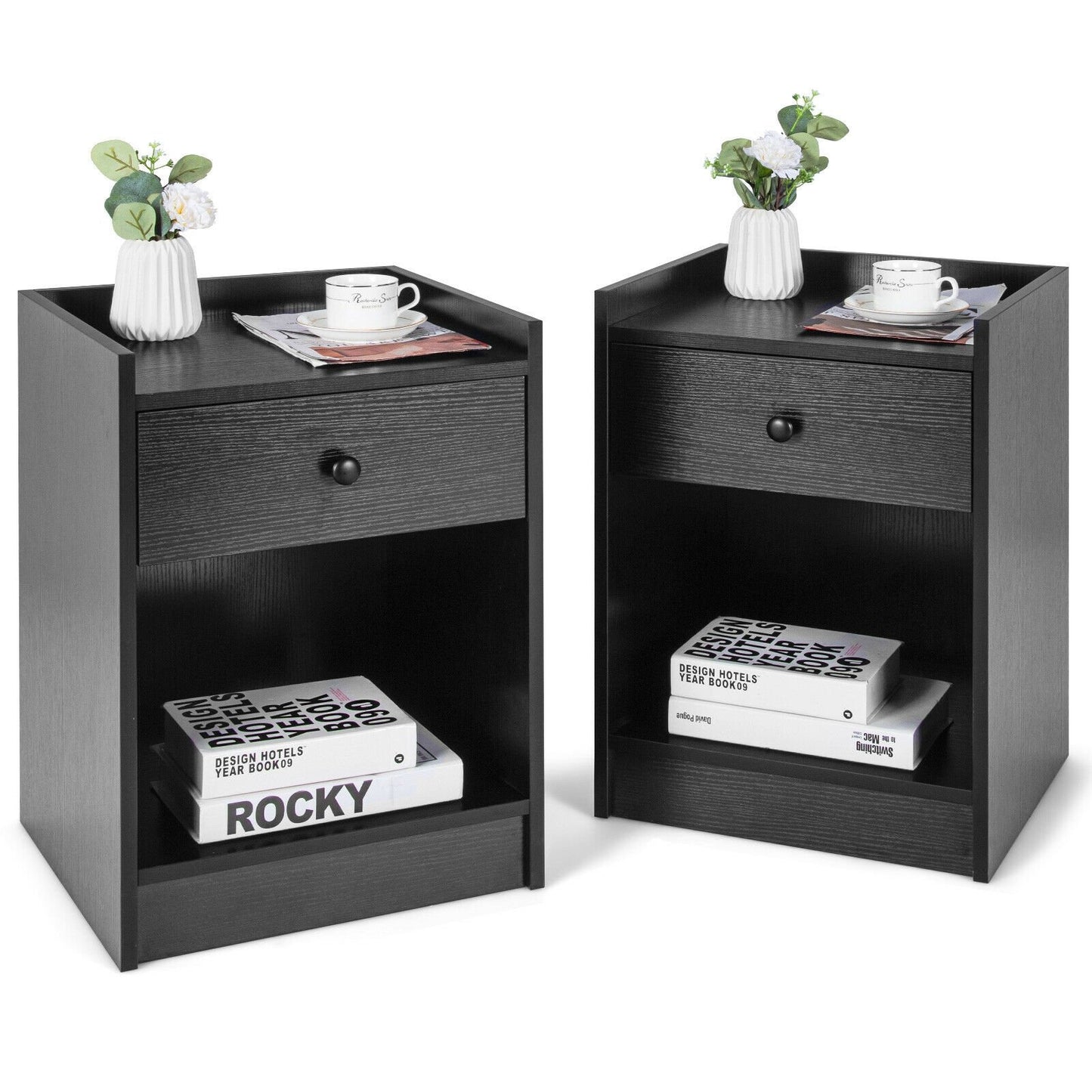 Set of 2 Nightstand with Drawer Cabinet End Side Table Raised Top, Black - Gallery Canada