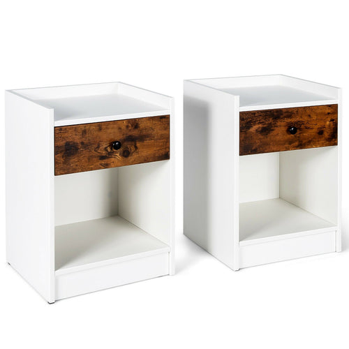Set of 2 Nightstand with Drawer Cabinet End Side Table Raised Top, White