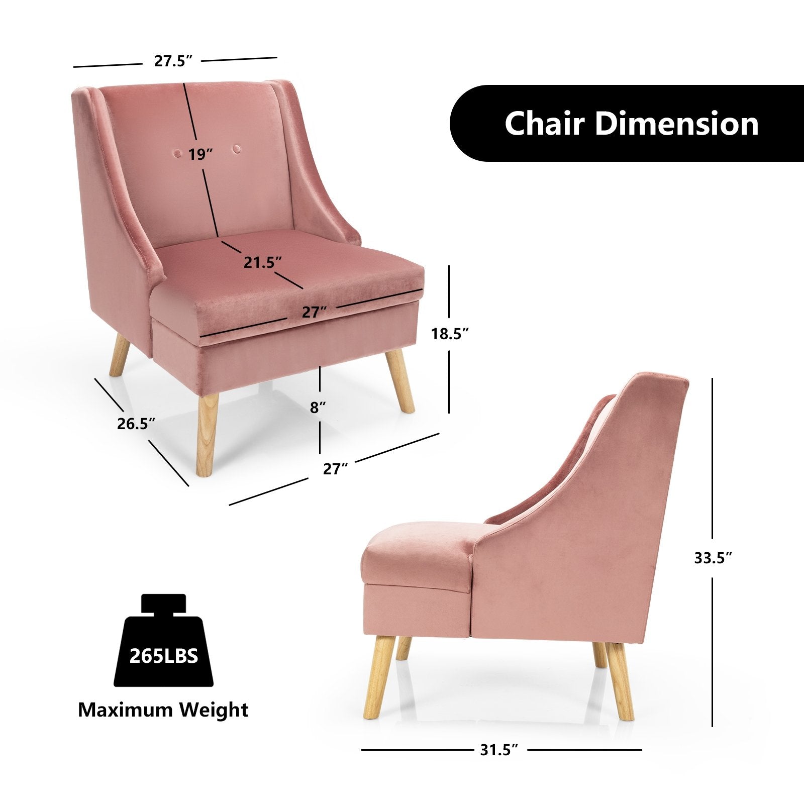 Velvet Wing Back Accent Chair with Rubber Wood Legs and Padded Seat for Living Room, Pink - Gallery Canada
