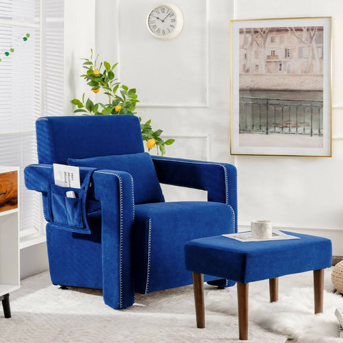 Modern Berber Fleece Single Sofa Chair with Ottoman and Waist Pillow, Blue