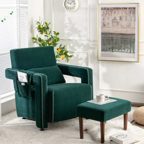 Modern Berber Fleece Single Sofa Chair with Ottoman and Waist Pillow, Green