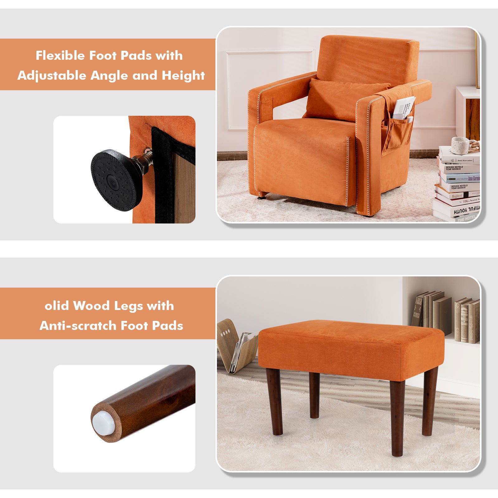 Modern Berber Fleece Single Sofa Chair with Ottoman and Waist Pillow, Orange Accent Chairs at Gallery Canada