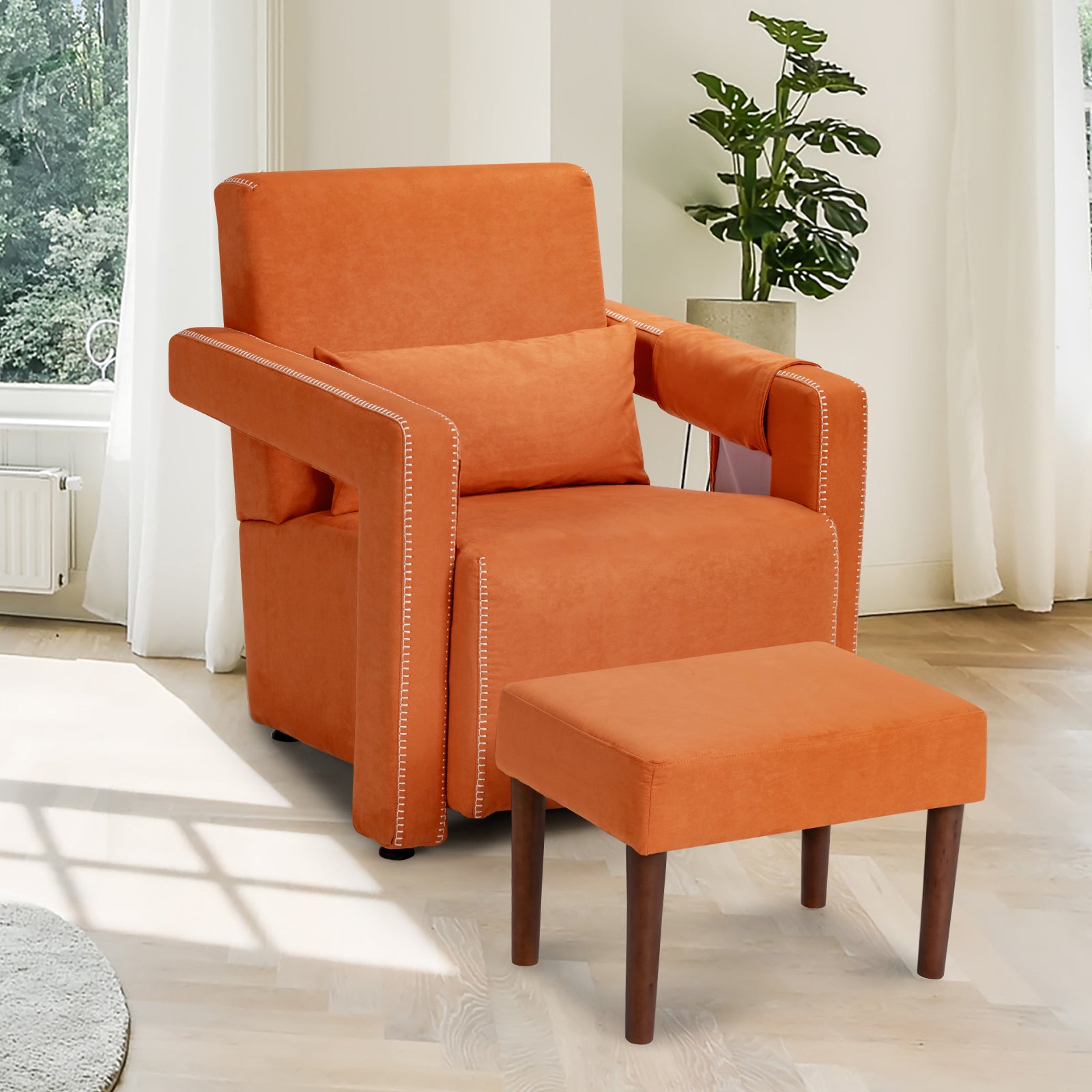 Modern Berber Fleece Single Sofa Chair with Ottoman and Waist Pillow, Orange Accent Chairs at Gallery Canada