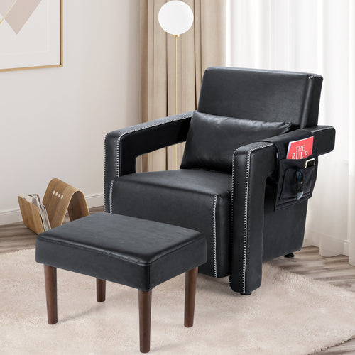 Modern Berber Fleece Single Sofa Chair with Ottoman and Waist Pillow, Black