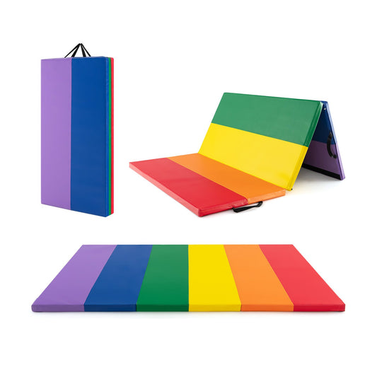 PU Leather Tri-Folding Gymnastics Tumbling Mat with Carrying Handles for Kids, Multicolor