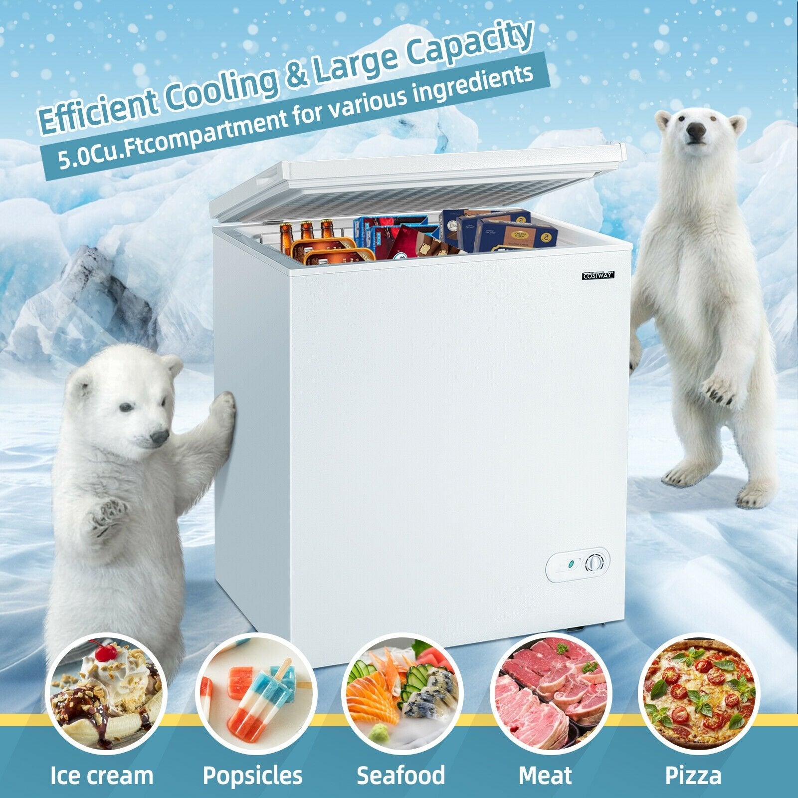 5.2 Cu.ft Chest Freezer Upright Single Door Refrigerator with 3 Baskets, White - Gallery Canada