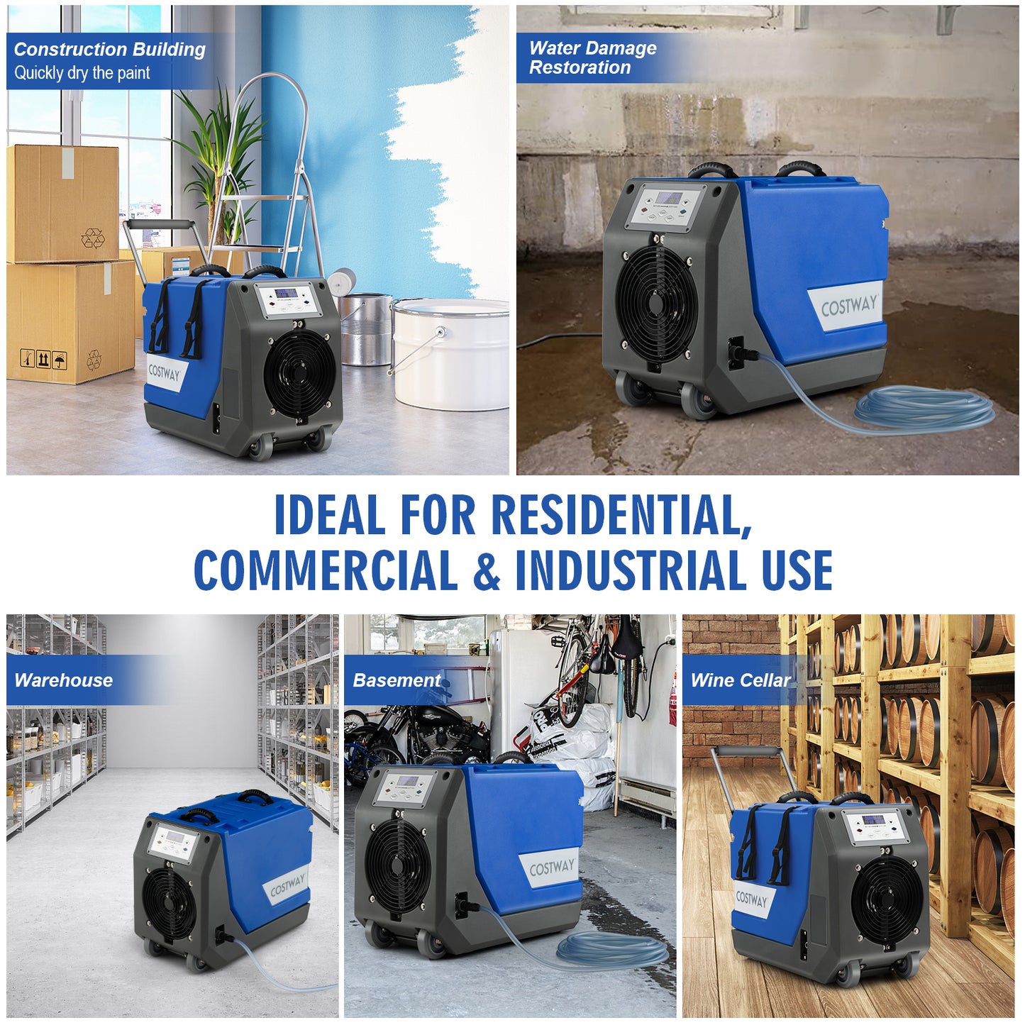 180 PPD Commercial Dehumidifier, With Pump Drain Hose And Wheels, Blue Dehumidifiers at Gallery Canada