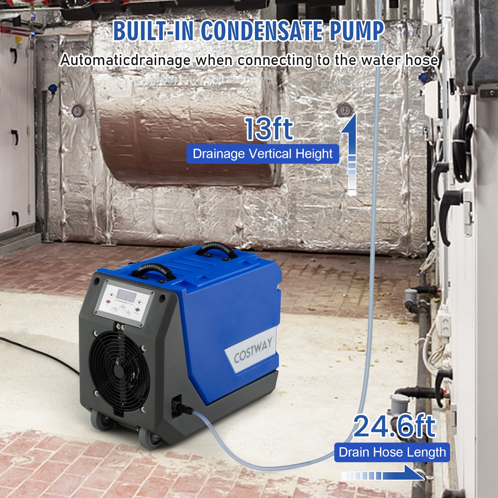 180 PPD Commercial Dehumidifier with Pump Drain Hose and Wheels, Blue Dehumidifiers at Gallery Canada