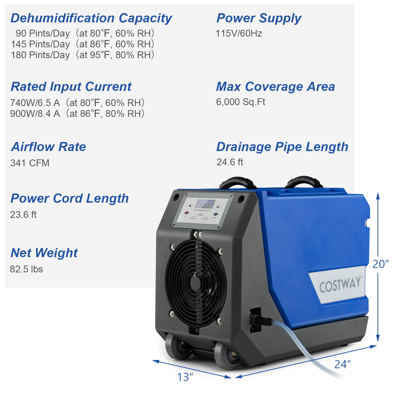180 PPD Commercial Dehumidifier with Pump Drain Hose and Wheels, Blue Dehumidifiers at Gallery Canada