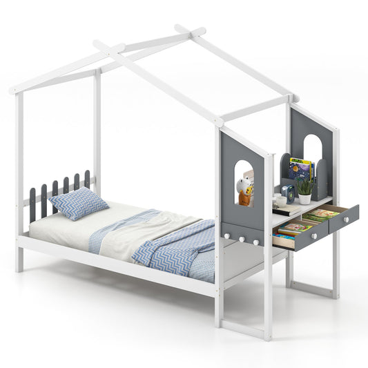 Twin/Full Bed Frame with House Roof Canopy and Fence for Kids-Twin Size, White