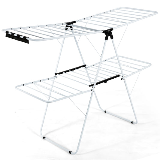 2-Tier Foldable Clothes Drying Rack, Adjustable Gullwing, White