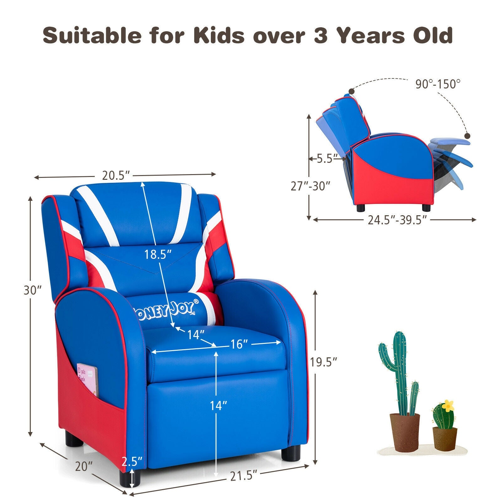 Kids Leather Recliner Chair with Side Pockets, Blue Kids Chairs & Seating at Gallery Canada