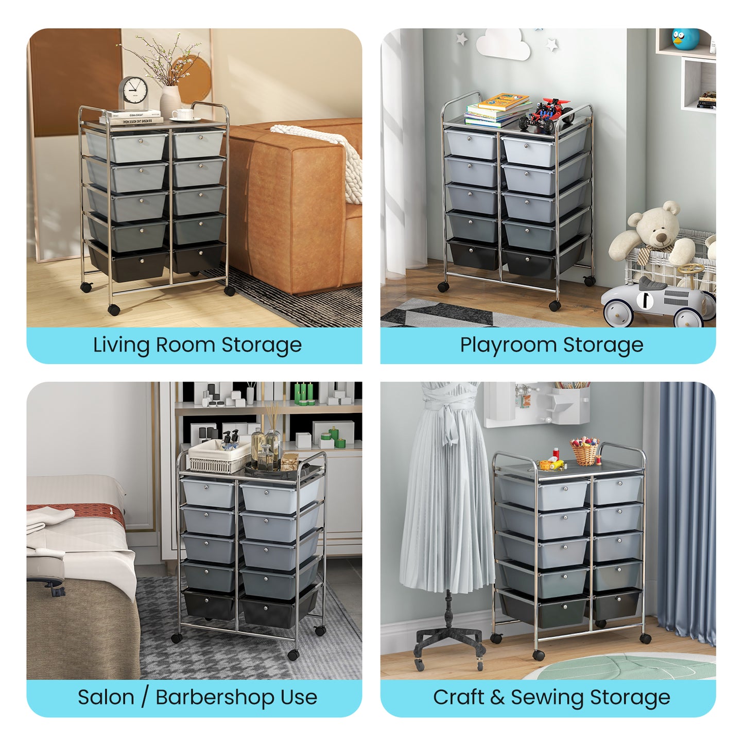 10-Drawer Rolling Storage Cart, Gray File Cabinets at Gallery Canada