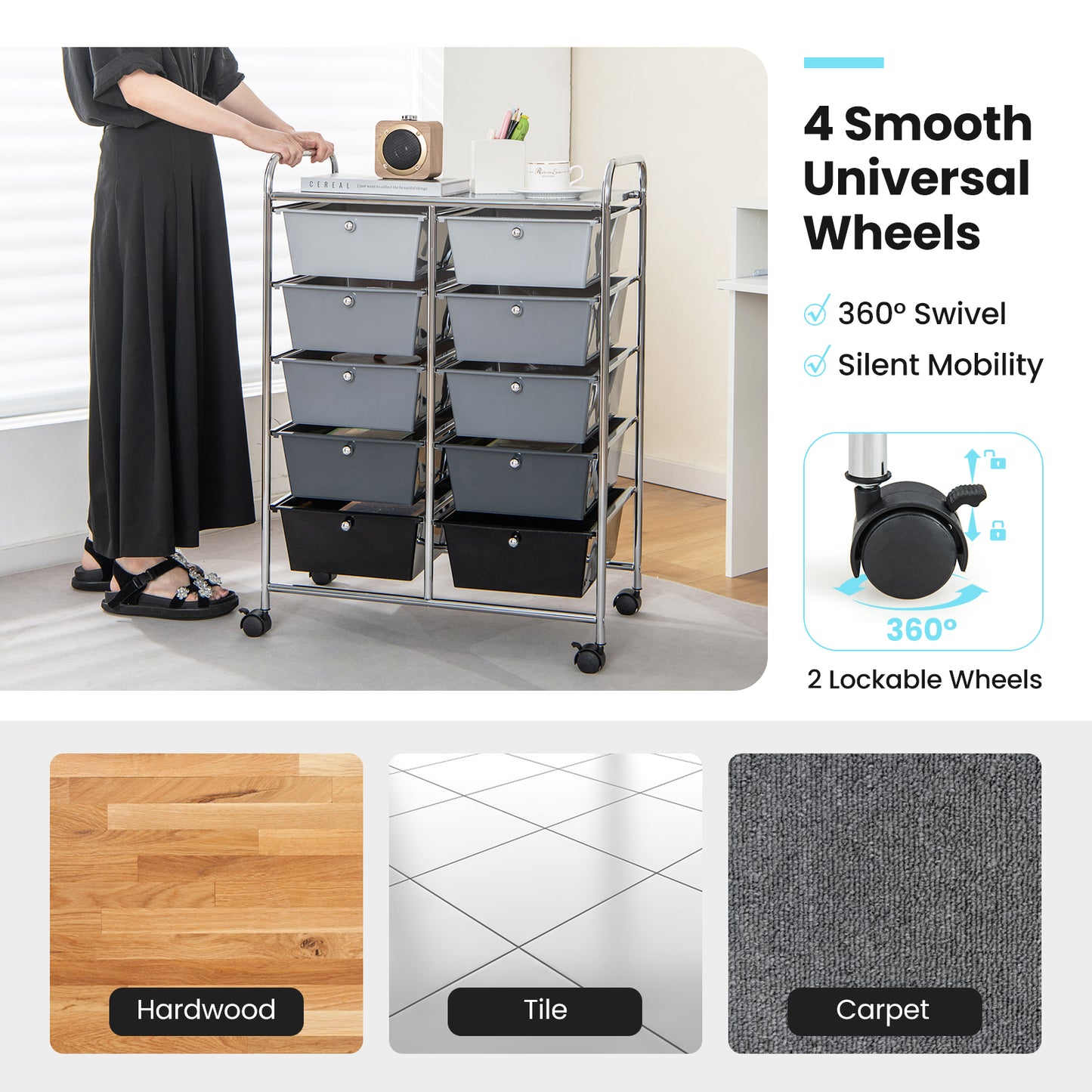 10-Drawer Rolling Storage Cart, Gray File Cabinets at Gallery Canada