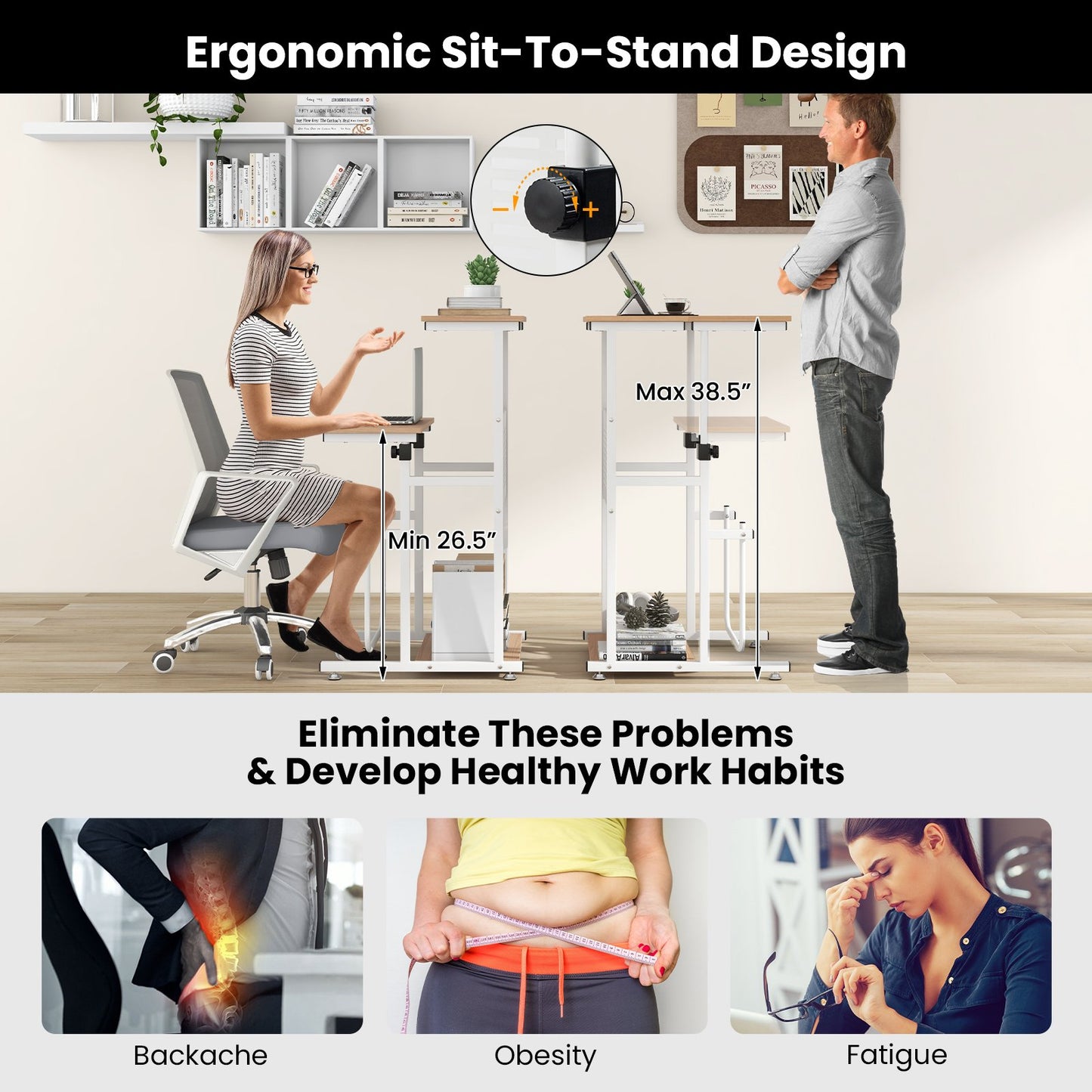 Standing Desk for Small Space Sit Stand Desk with Height Adjustable Desktop, Brown & White - Gallery Canada