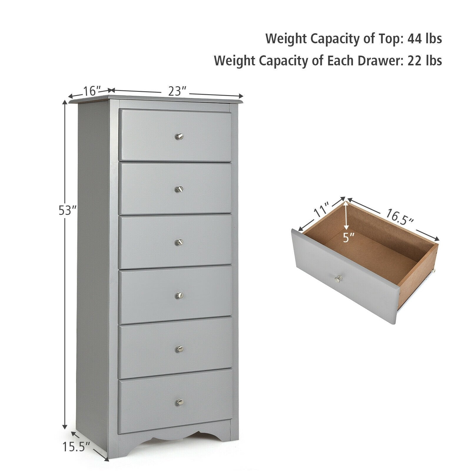 6 Drawers Chest Dresser Clothes Storage Bedroom Furniture Cabinet, Gray - Gallery Canada