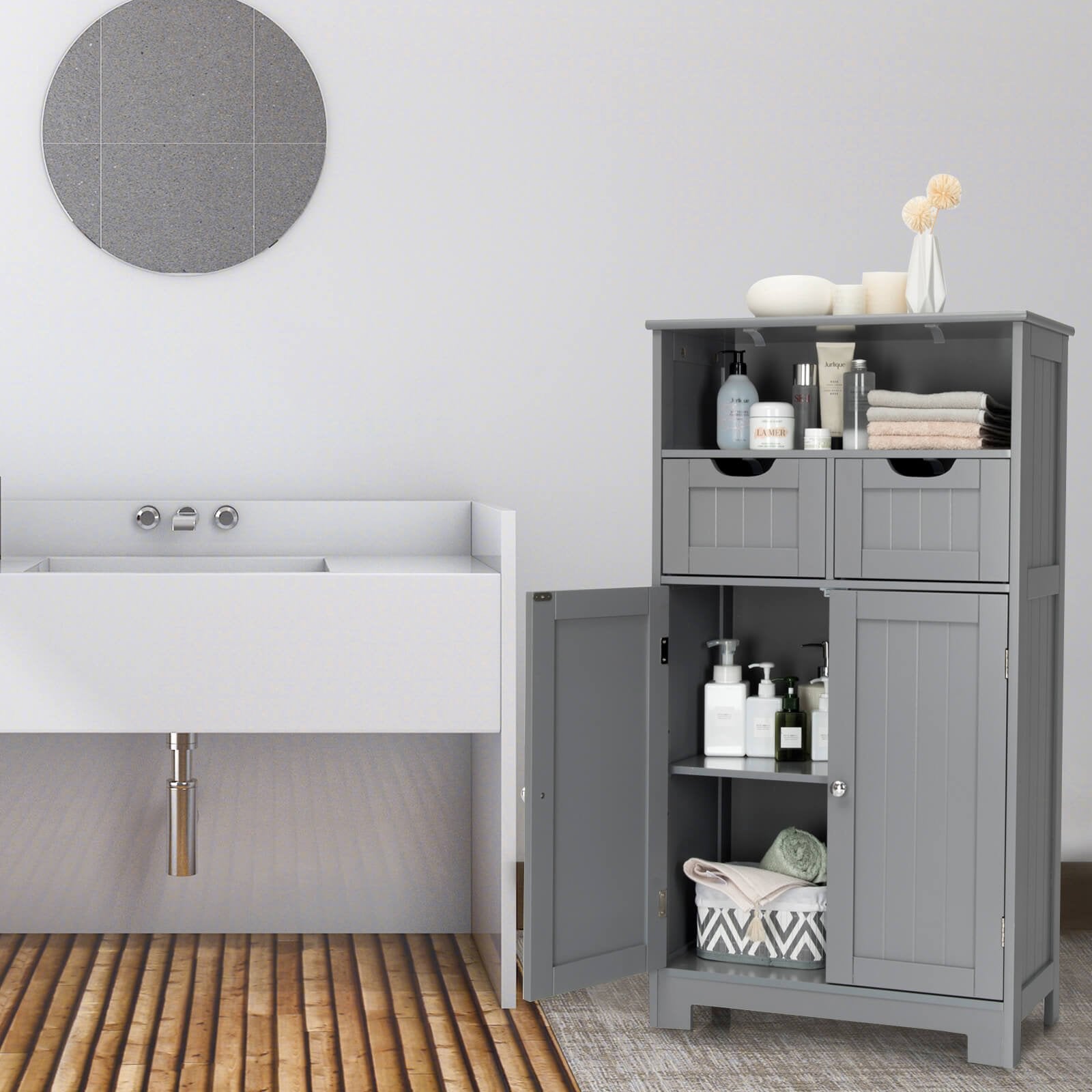 Bathroom Wooden Side Cabinet with 2 Drawers and 2 Doors, Gray Floor Cabinets at Gallery Canada
