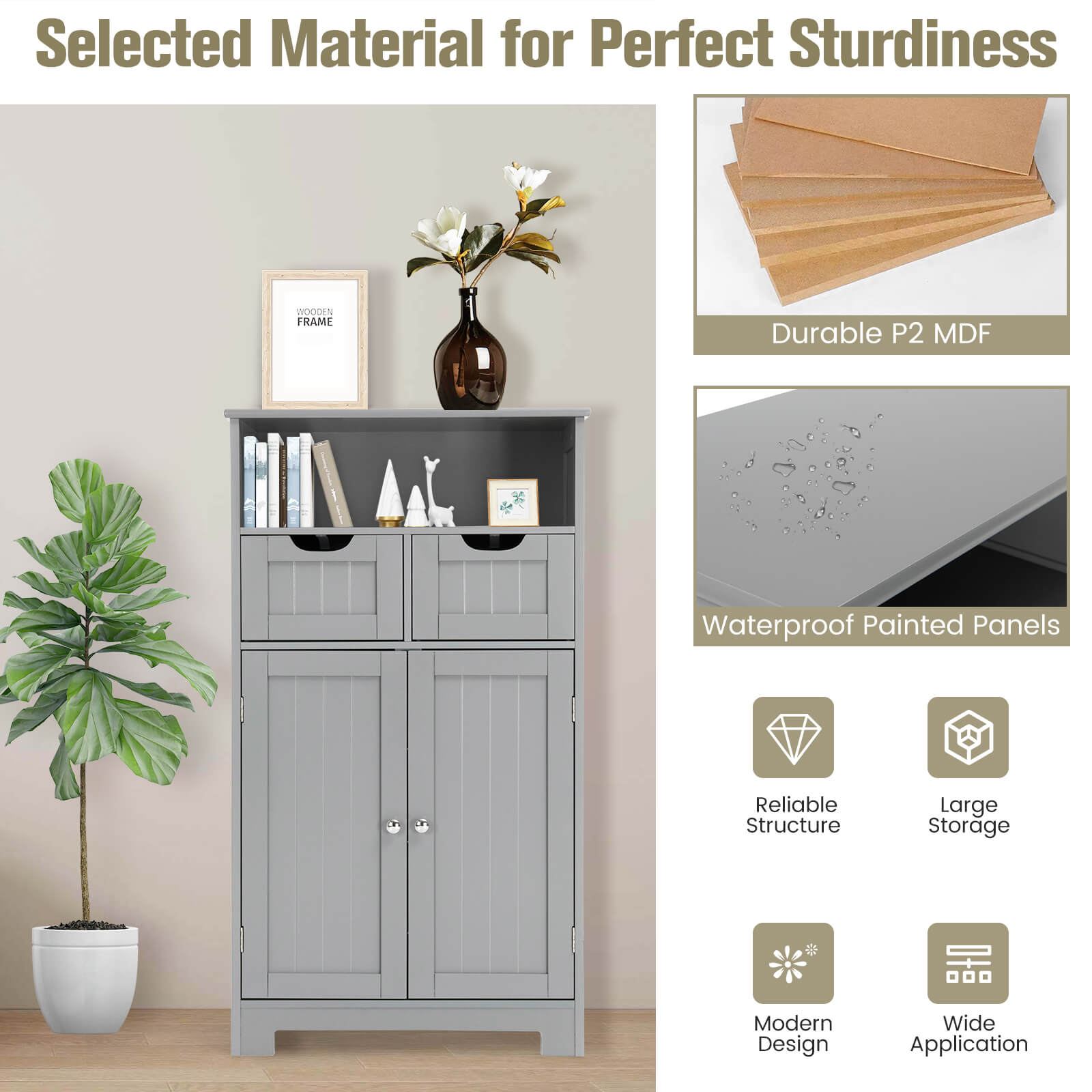 Bathroom Wooden Side Cabinet with 2 Drawers and 2 Doors, Gray Floor Cabinets at Gallery Canada