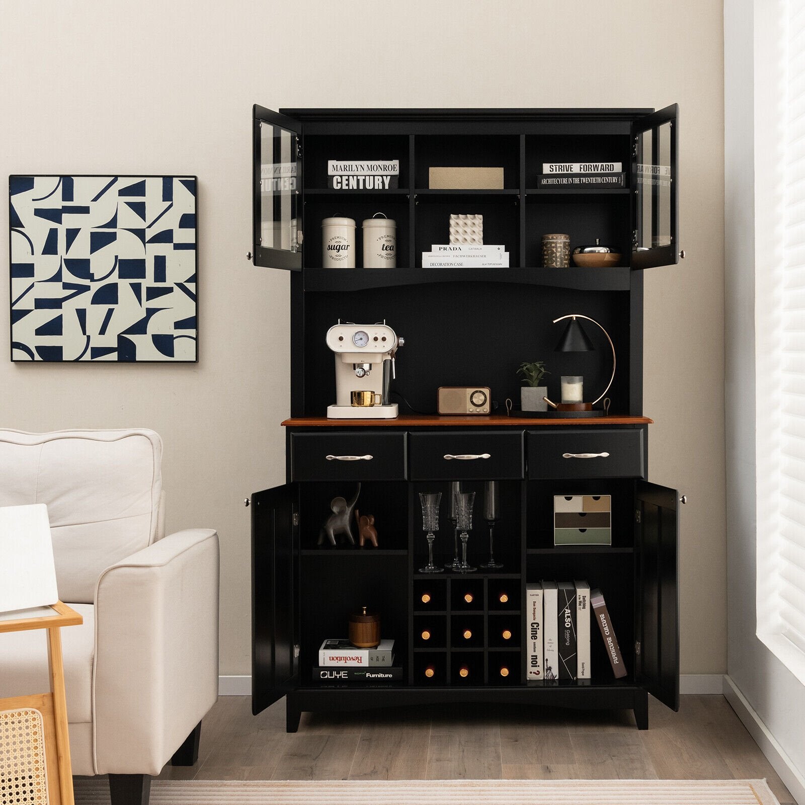 Kitchen Storage Cabinet Cupboard with Wine Rack and Drawers, Black at Gallery Canada