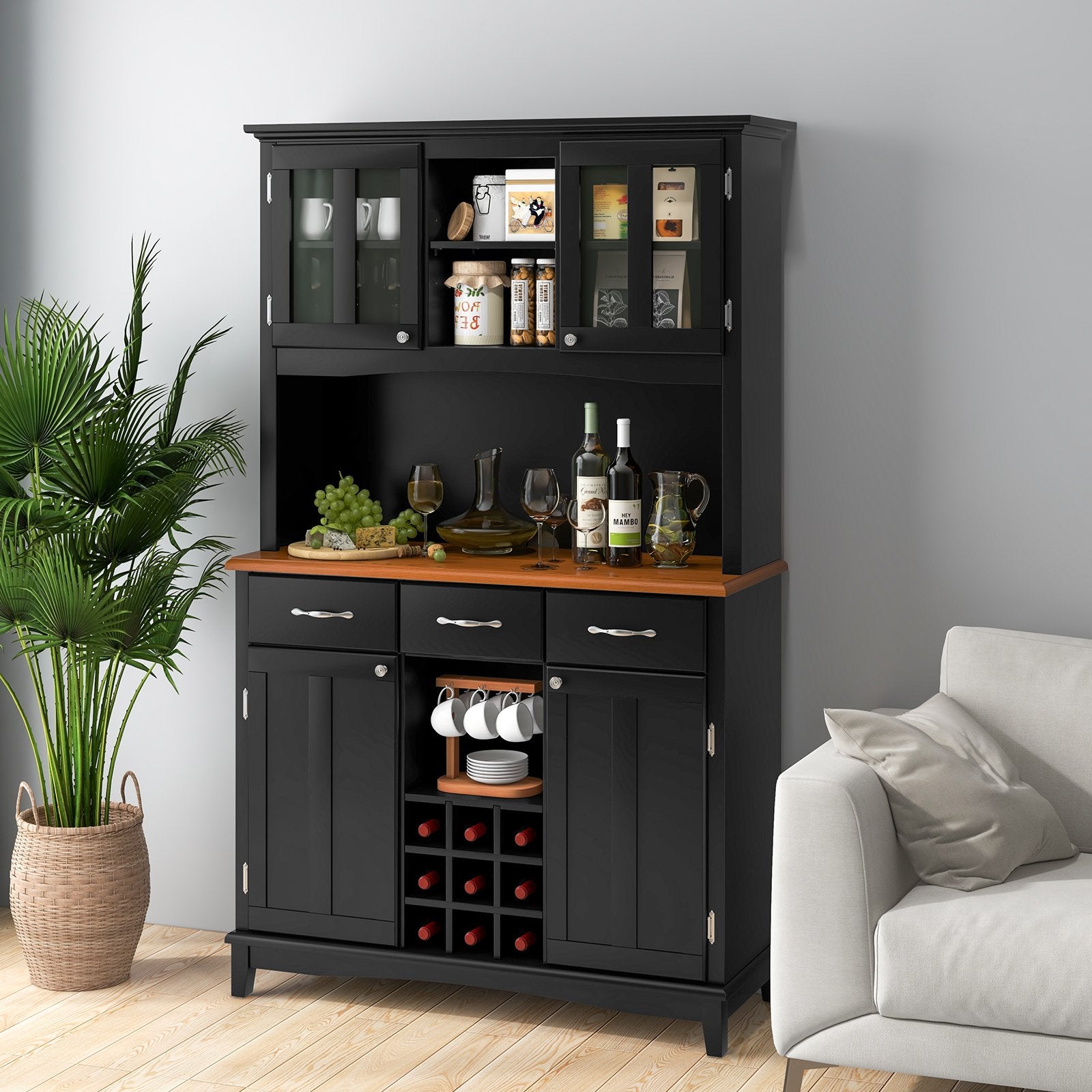 Kitchen Storage Cabinet Cupboard with Wine Rack and Drawers, Black - Gallery Canada