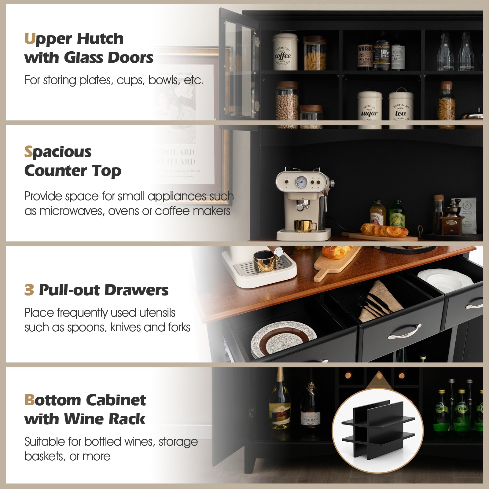 Kitchen Storage Cabinet Cupboard with Wine Rack and Drawers, Black Sideboards Cabinets & Buffets at Gallery Canada
