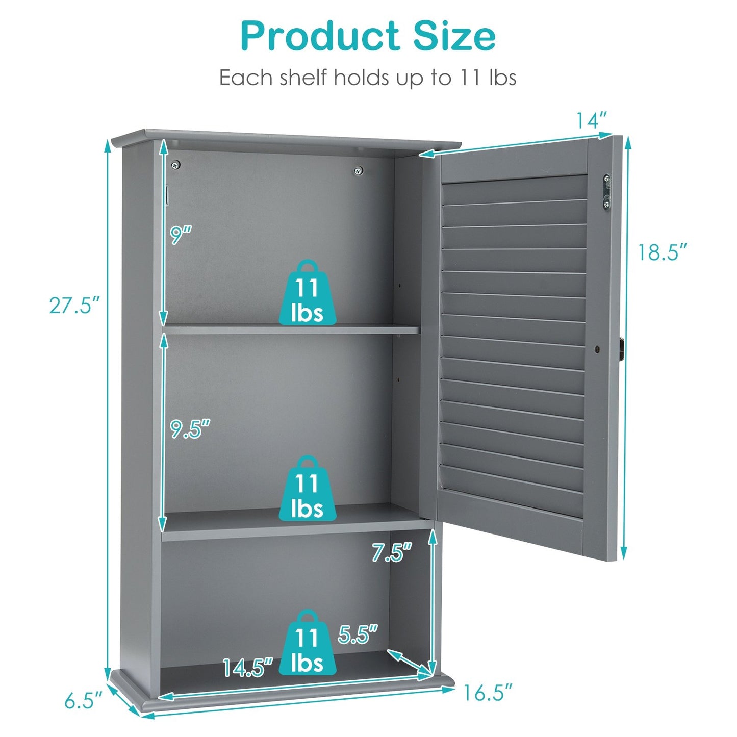 Bathroom Wall Mount Storage Cabinet Single Door with Height Adjustable Shelf, Gray at Gallery Canada