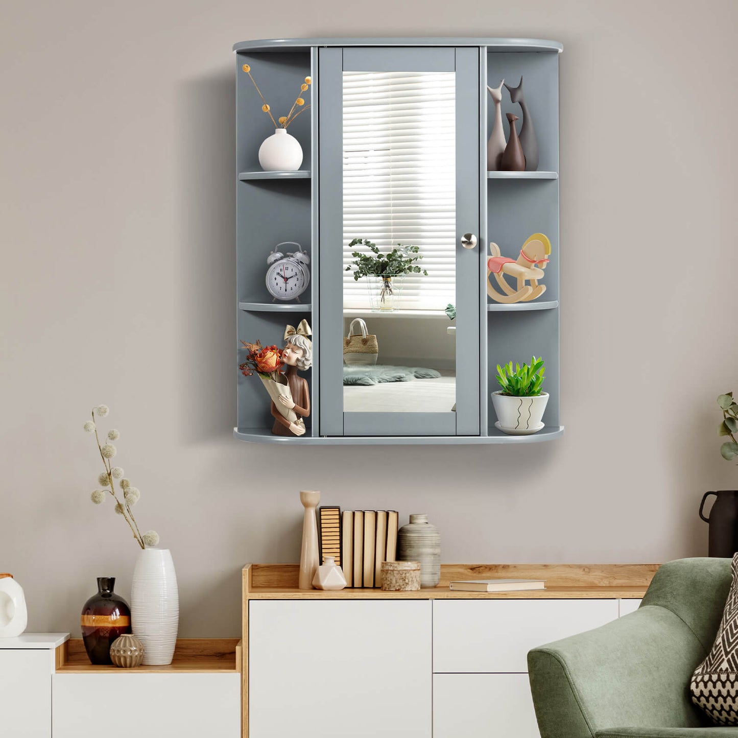 Bathroom Single Door Shelves Wall Mount Cabinet with Mirror, Gray - Gallery Canada