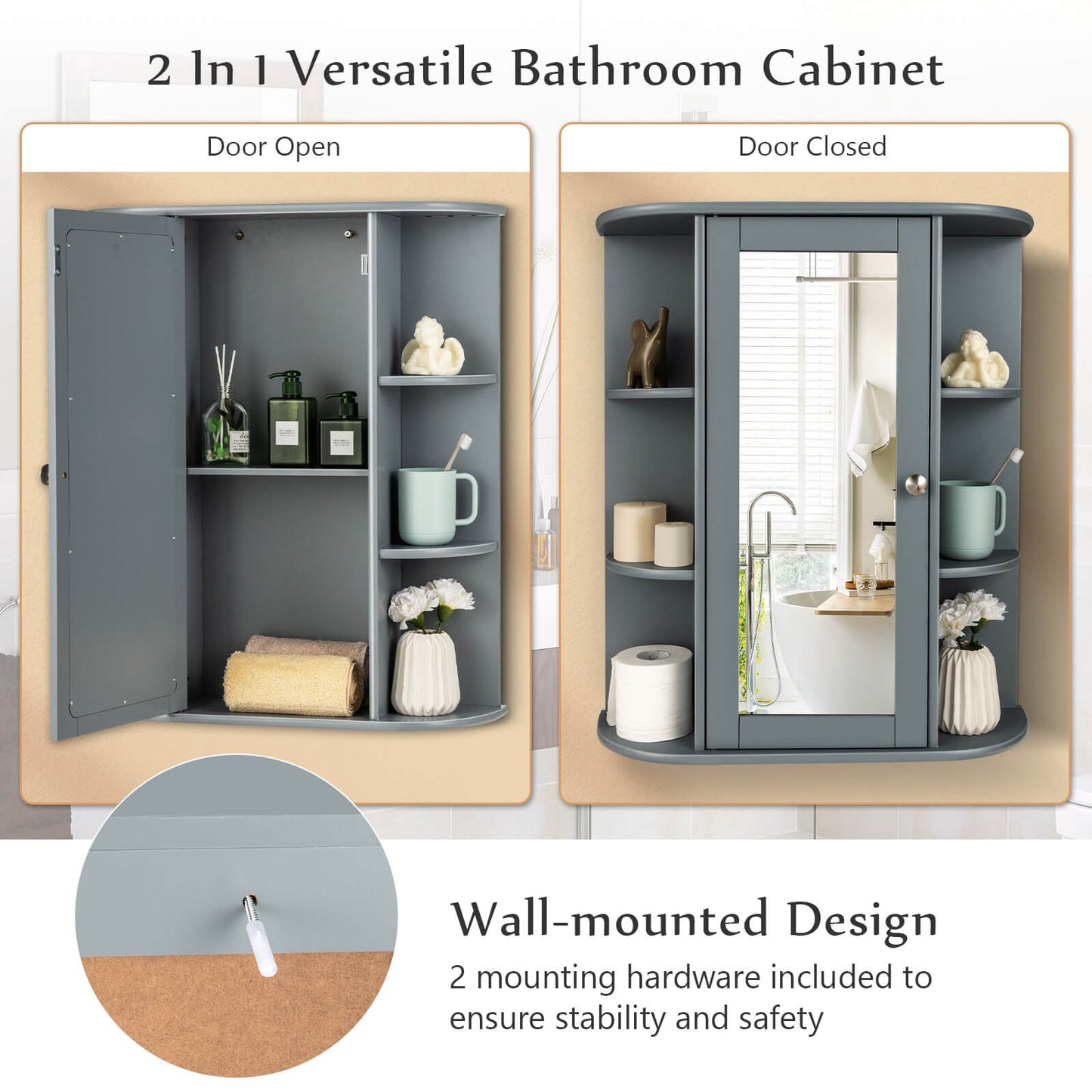 Bathroom Single Door Shelves Wall Mount Cabinet with Mirror, Gray - Gallery Canada