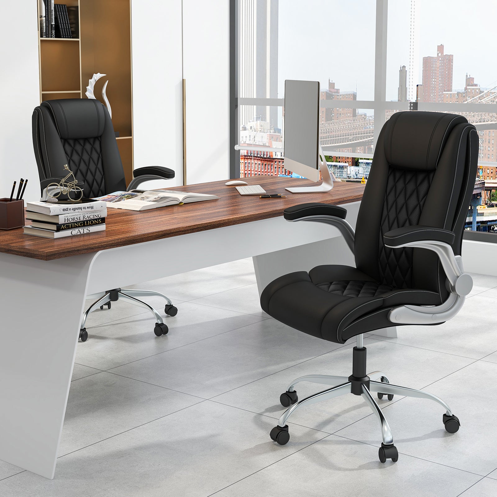 Modern Height Adjustable PU Leather Office Chair with Rocking Function, Black Executive Chairs at Gallery Canada